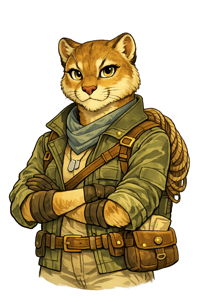 Clara the Cougar standing confidently with arms crossed