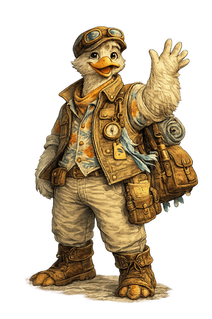Barnaby the Duck waving, wearing pilot cap and explorer vest