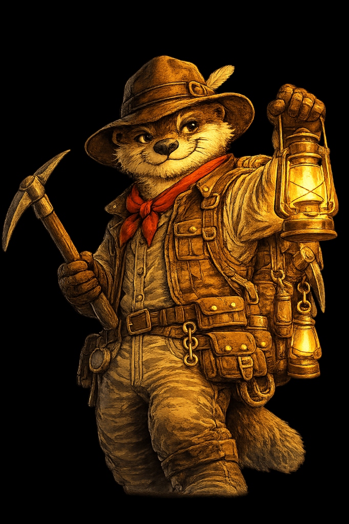 Oliver the Otter holding a pickaxe and a shining golden lantern